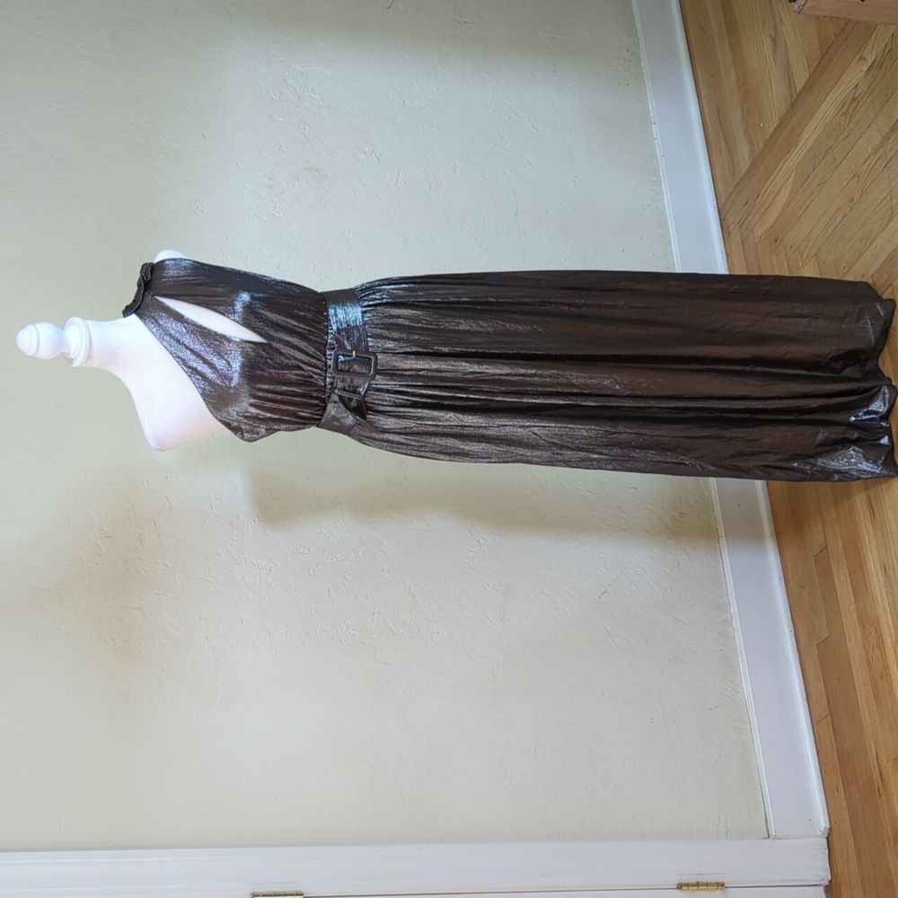 Micas Silver Metallic One Shoulder Belted Formal Maxi Dress Size Large